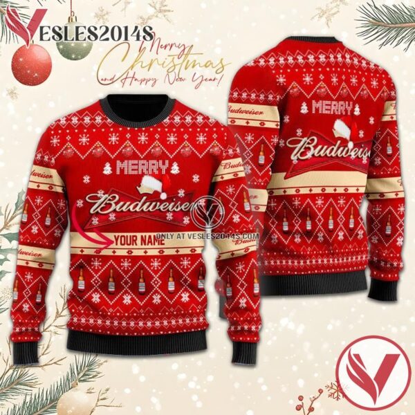 Personalized Merry Budweiser Beer Christmas Ugly Sweater, Unique Winter Outfits For Fans - Vesles2014S  1