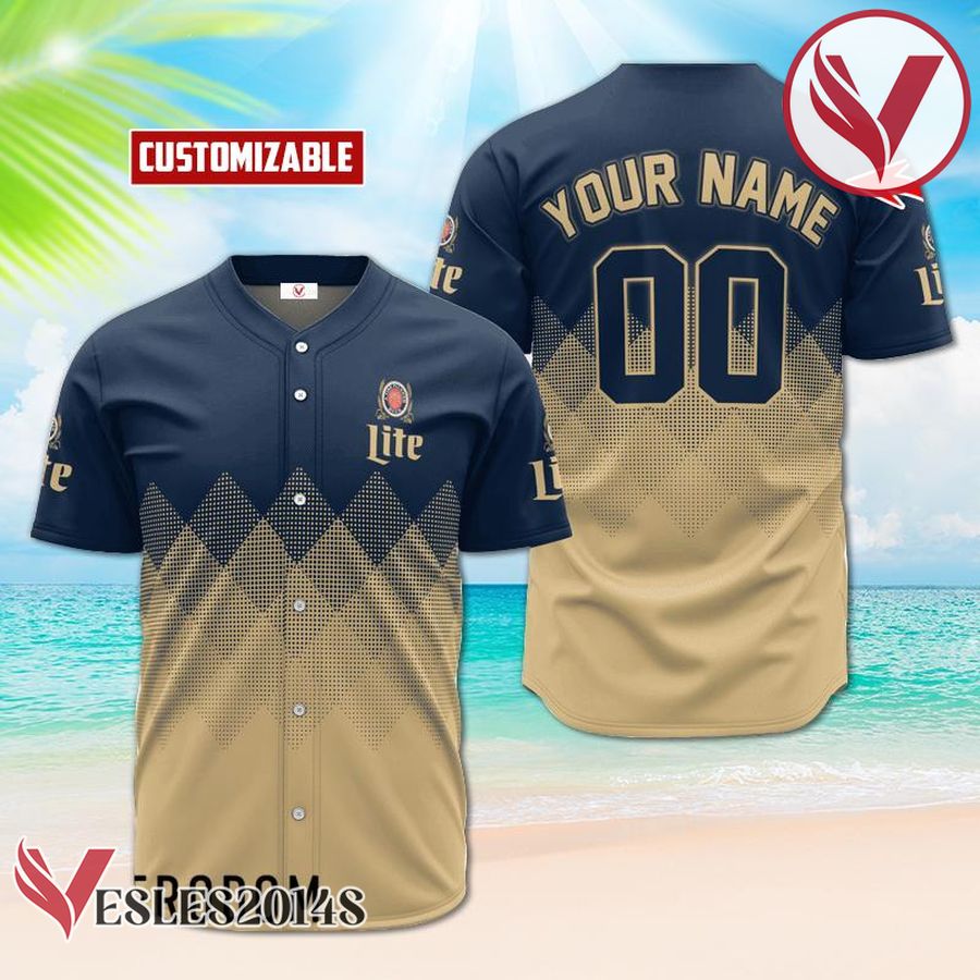 Personalized Miller Lite Beige And Blue Halftone Baseball Jersey, Perfect Gifts For Fans - Vesles2014S