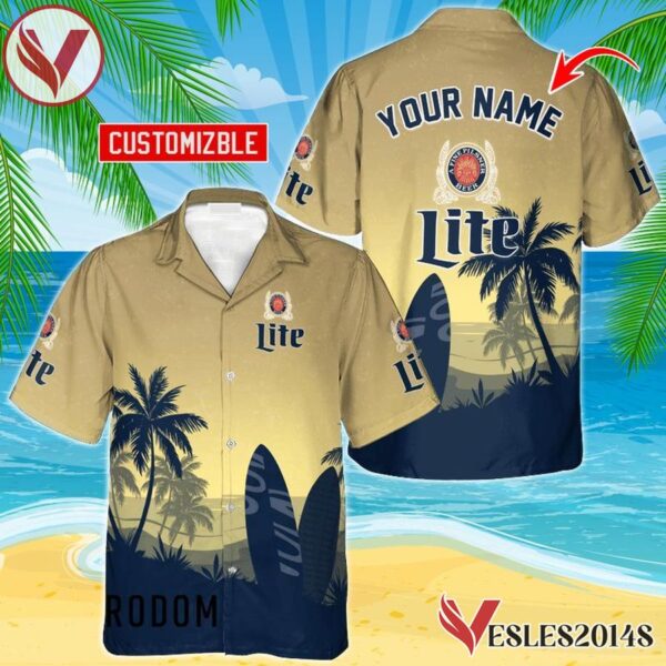 Personalized Miller Lite Palm Tree Surfboard Hawaiian Shirt, Best Summer Gifts For Fans - Vesles2014S