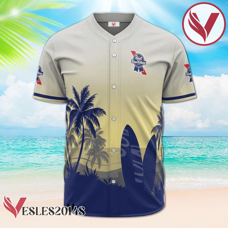 Personalized Pabst Blue Ribbon Palm Tree Surfboard Baseball Jersey, Perfect Gifts For Fans - Vesles2014S 2