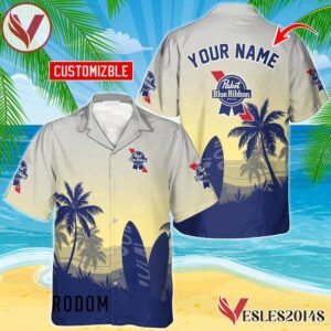 Personalized Pabst Blue Ribbon Palm Tree Surfboard Hawaiian Shirt, Best Summer Gifts For Fans - Vesles2014S