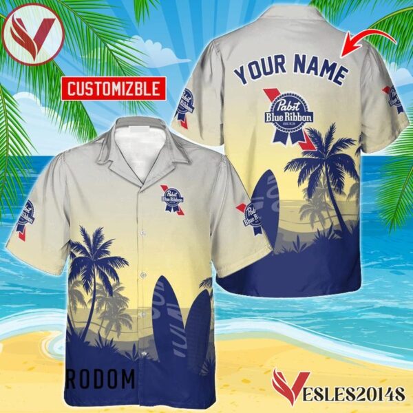 Personalized Pabst Blue Ribbon Palm Tree Surfboard Hawaiian Shirt, Best Summer Gifts For Fans - Vesles2014S