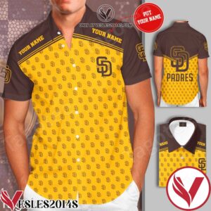 Personalized San Diego Padres Logo Yellow Brown Hawaiian Shirt And Short, Unique Gifts For Friends - Vesles2014S 1