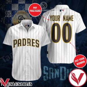 Personalized San Diego Padres Pinstripe White Hawaiian Shirt And Short, Unique Gifts For Friends - Vesles2014S 1