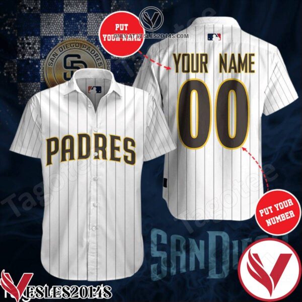 Personalized San Diego Padres Pinstripe White Hawaiian Shirt And Short, Unique Gifts For Friends - Vesles2014S 1