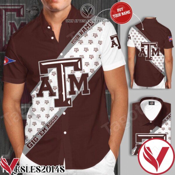 Personalized Texas A&M Aggies Big Logo Gig ‘Em Aggies Brown White Hawaiian Shirt And Short, Unique Gifts For Friends - Vesles2014S 1