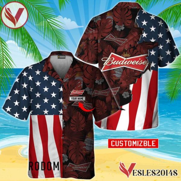 Personalized Tropical Vibes American Flag Budweiser Hawaiian Shirt, Best Summer Gifts For Fans - Vesles2014S