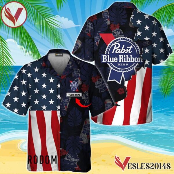 Personalized Tropical Vibes US Flag Pabst Blue Ribbon Hawaiian Shirt, Best Summer Gifts For Fans - Vesles2014S