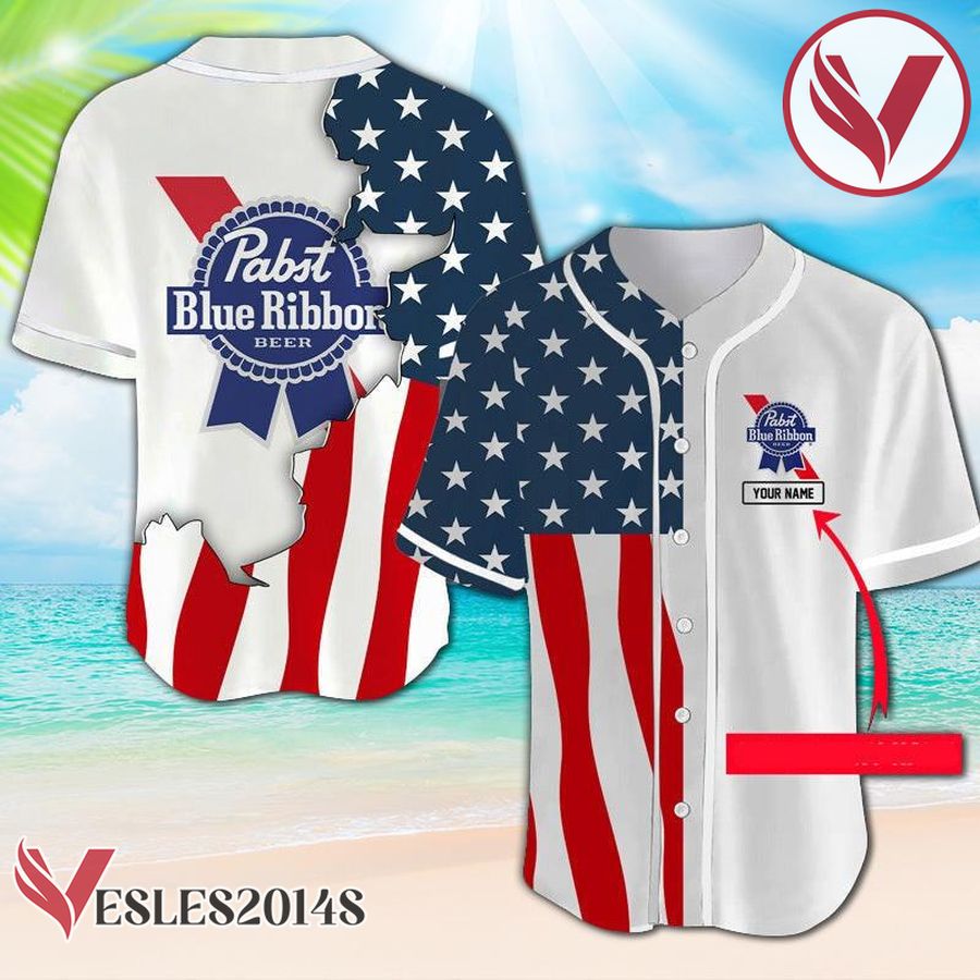 Personalized US Flag Pabst Blue Ribbon Baseball Jersey PBR Jersey, Perfect Gifts For Fans - Vesles2014S
