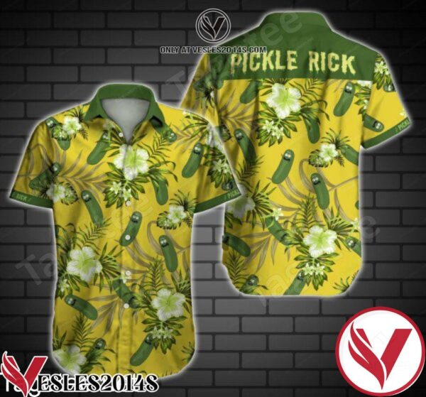 Pickle Rick Green Tropical Floral Yellow Hawaiian Shirt, Unique Gifts For Friends - Vesles2014S 1