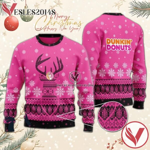 Pink Dunkin Donut Reindeer Snowy Christmas Sweater, Unique Winter Outfits For Fans - Vesles2014S  1