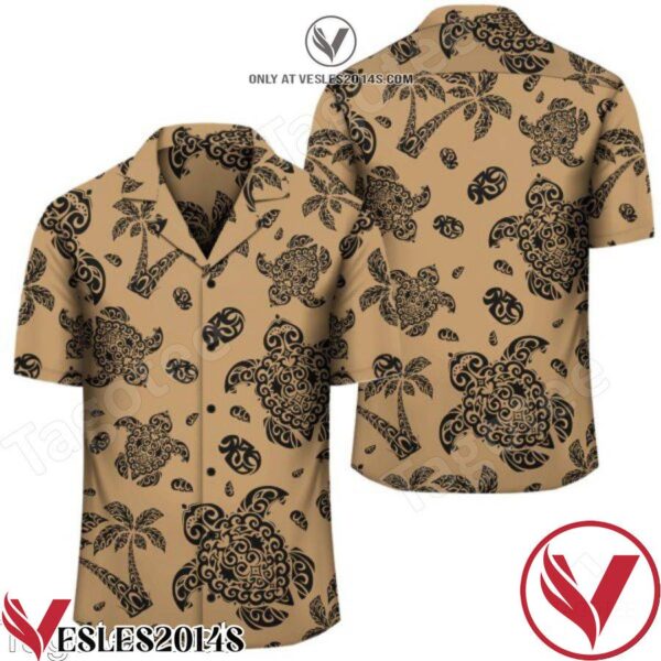 Polynesian Turtle Palm And Sea Pebbles Gold Brown Hawaiian Shirt, Unique Gifts For Friends - Vesles2014S 1