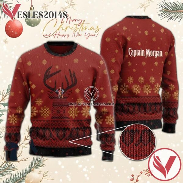 Red Captain Morgan Reindeer Snowy Christmas Sweater, Unique Winter Outfits For Fans - Vesles2014S  1