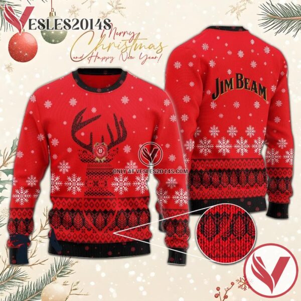 Red Jim Beam Reindeer Snowy Christmas Sweater, Unique Winter Outfits For Fans - Vesles2014S  1