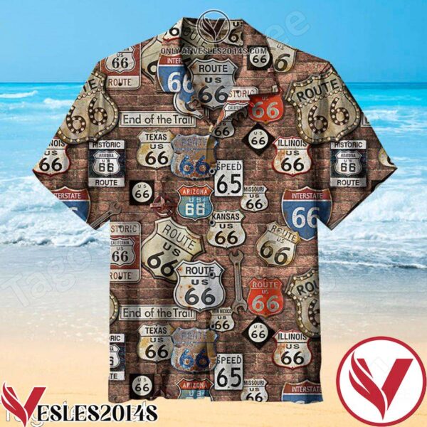 Route 66 On Brick Wall With Road Signs Hawaiian Shirt, Unique Gifts For Friends - Vesles2014S 1