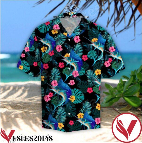 Sailfish Hibiscus Tropical Black Hawaiian Shirt, Unique Gifts For Friends - Vesles2014S 1