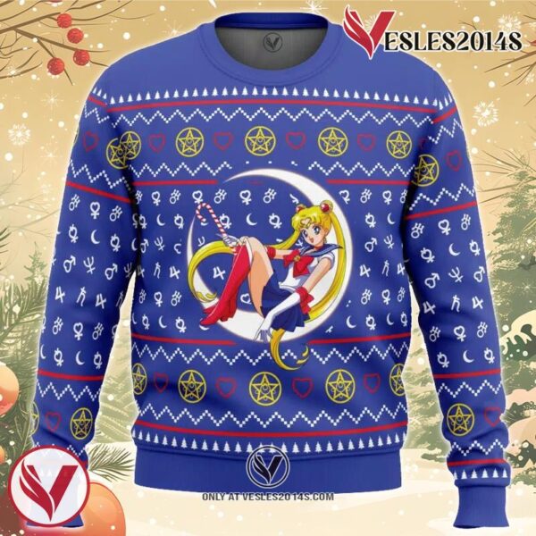 Sailor Moon Sitting on Moon Ugly Christmas Sweater, Unique Christmas Gift For Fans - Vesles2014S