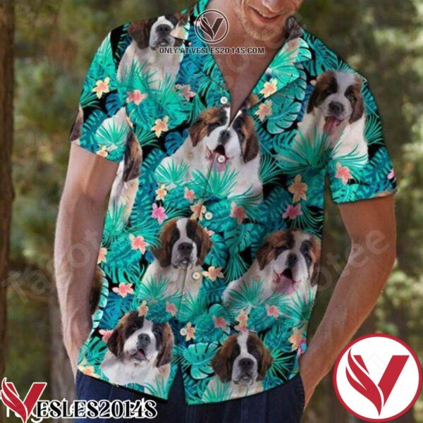 Saint Bernard Behind Tropical Leaves Hawaiian Shirt, Unique Gifts For Friends - Vesles2014S 1