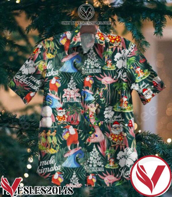 Santa Claus Surfing Flamingo Tropical Pattern Green Hawaiian Shirt, Unique Gifts For Friends - Vesles2014S 1