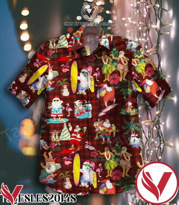 Santa Claus Surfing Red Caro Pattern Christmas Hawaiian Shirt, Unique Gifts For Friends - Vesles2014S 1