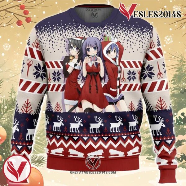 Santa Hitagi, Tsubasa, and  Suruga Bakemonogatari Ugly Christmas Sweater, Unique Christmas Gift For Fans - Vesles2014S