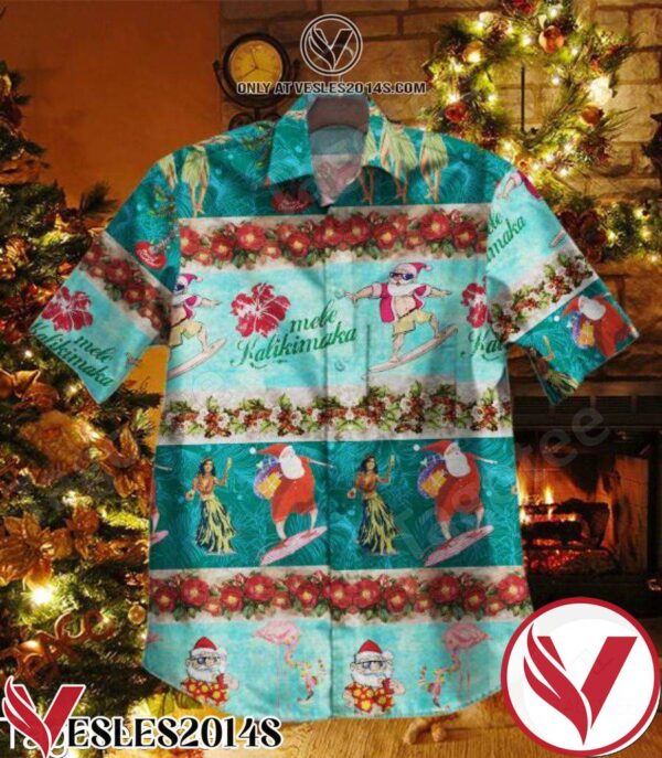 Santa Surfing Mele Kalikimaka Blue And Floral Line Hawaiian Shirt, Unique Gifts For Friends - Vesles2014S 1