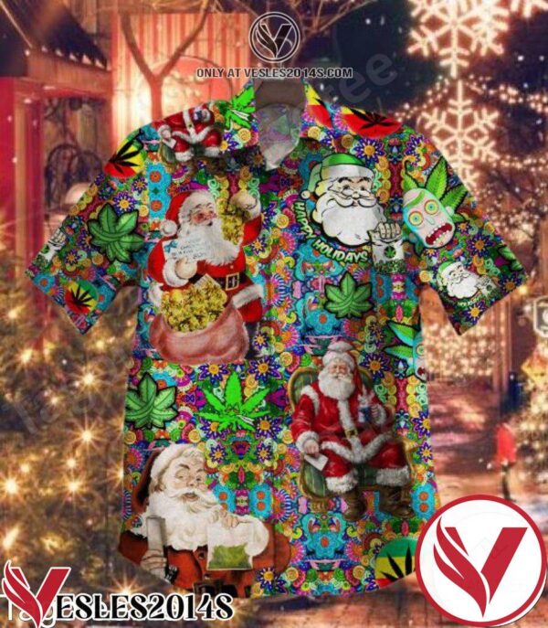 Santa With Weed Leaf Happy Holidays Multicolor Flowers Hawaiian Shirt, Unique Gifts For Friends - Vesles2014S 1