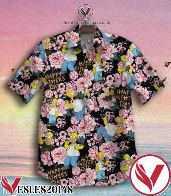 Simpsons Happy Fathers Day Pink Flowers Black Hawaiian Shirt, Unique Gifts For Friends - Vesles2014S 1