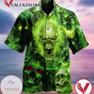 Skull Green Print Short Sleeve Hawaiian Casual Shirt Vesles2014S 1