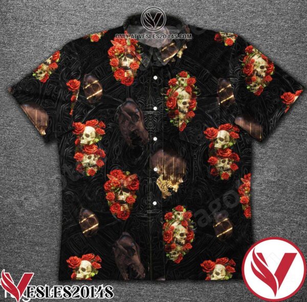 Skull With Red Roses Black Hawaiian Shirt, Unique Gifts For Friends - Vesles2014S 1