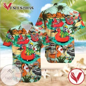 Skull and Flamingo In Hawaii Hawaiian Graphic Print Short Sleeve Hawaiian Casual Shirt Vesles2014S 1