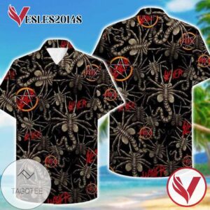 Slayer Alien Face Hawaiian Graphic Print Short Sleeve Hawaiian Casual Shirt Vesles2014S 1