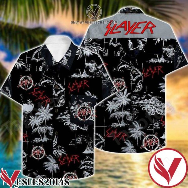 Slayer Band White Pattern Black Hawaiian Shirt, Unique Gifts For Friends - Vesles2014S 1