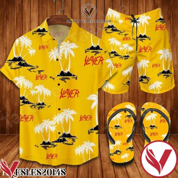 Slayer Palm Yellow Combo Hawaiian Shirt, Beach Shorts And Flip Flop, Unique Gifts For Friends - Vesles2014S 1