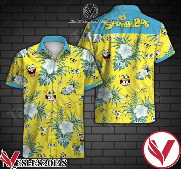 Spongebob Blue Tropical Floral Yellow Hawaiian Shirt, Unique Gifts For Friends - Vesles2014S 1