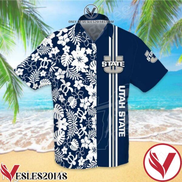 Sports American Football Ncaaf Utah State Aggies White Hibiscus On Navy Hawaiian Shirt, Unique Gifts For Friends - Vesles2014S 1