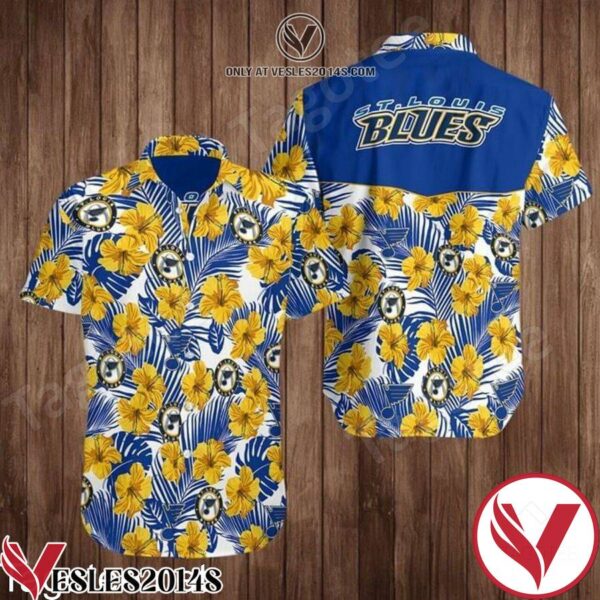 St Louis Blues Yellow Hibiscus And Blue Palm Leaves Hawaiian Shirt, Unique Gifts For Friends - Vesles2014S 1