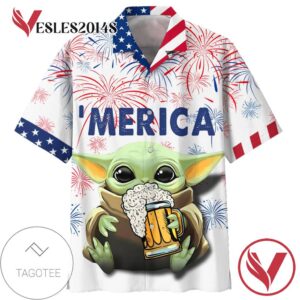 Star Wars Baby Yoda With Beer Hawaiian Graphic Print Short Sleeve Hawaiian Casual Shirt Vesles2014S