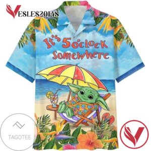 Star wars baby yoda in the beach it's 5 o'clock somewhere Print Short Sleeve Hawaiian Casual Shirt Vesles2014S