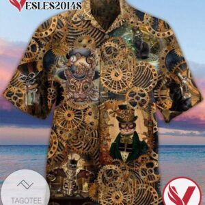 Steampunk Cat Print Short Sleeve Hawaiian Casual Shirt Vesles2014S