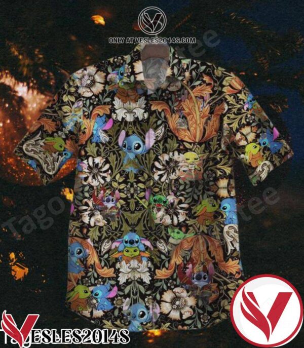 Stitch And Yoda Flower And Leaf Pattern Hawaiian Shirt, Unique Gifts For Friends - Vesles2014S 1