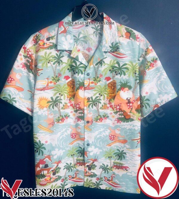Surfing Santa Button Down Shirt Hawaiian Shirt, Unique Gifts For Friends - Vesles2014S 1