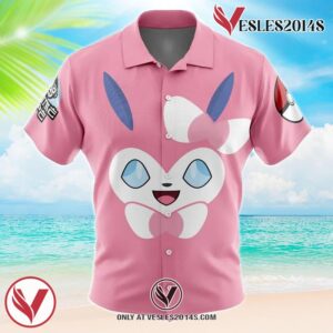 Sylveon Face Pokemon Hawaiian Button Up Shirt, Perfect Gifts For Anime Lovers - Vesles2014S
