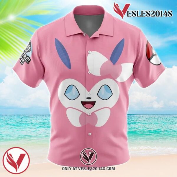Sylveon Face Pokemon Hawaiian Button Up Shirt, Perfect Gifts For Anime Lovers - Vesles2014S