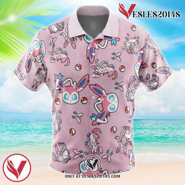 Sylveon Pattern Pokemon Hawaiian Button Up Shirt, Perfect Gifts For Anime Lovers - Vesles2014S