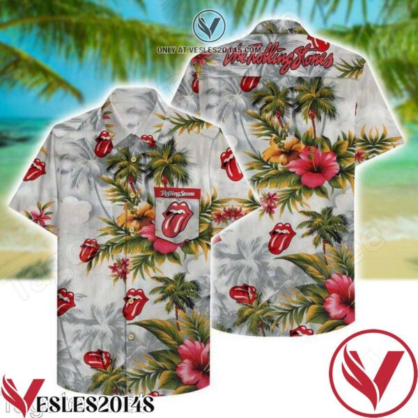 The Rolling Stones Hibiscus And Coconut Tree Grey Hawaiian Shirt, Unique Gifts For Friends - Vesles2014S 1
