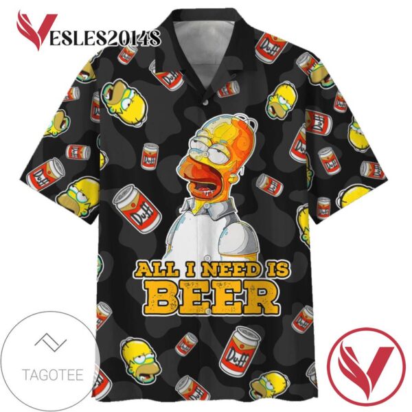 The Simpsons All I Need Is Beer Hawaiian Graphic Print Short Sleeve Hawaiian Casual Shirt Vesles2014S