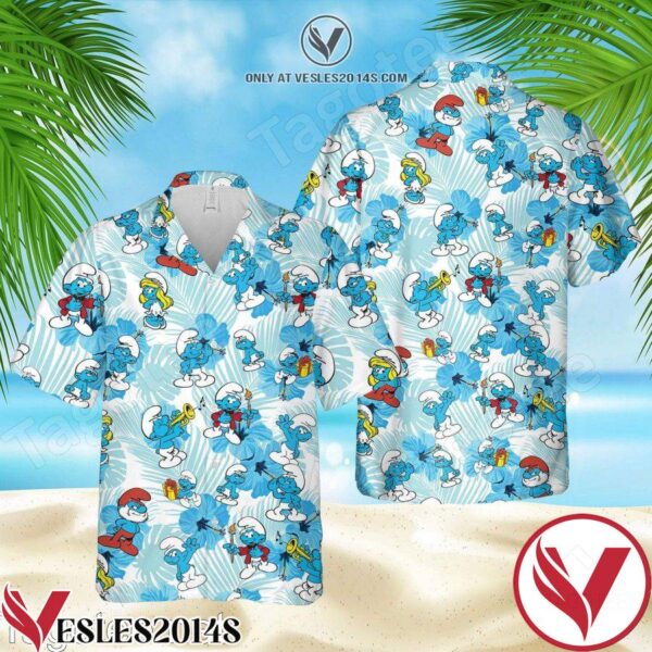 The Smurfs Hibicus Palm Leaves Blue Hawaiian Shirt And Short, Unique Gifts For Friends - Vesles2014S 1