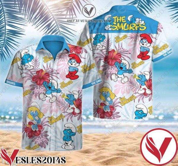 The Smurfs Red Hibiscus Palm Leaf Blue Hawaiian Shirt, Unique Gifts For Friends - Vesles2014S 1