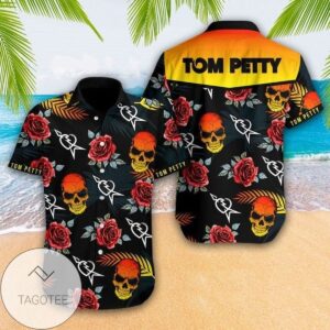 Tom Petty And The Heartbreakers x Skull Flowers Hawaiian Graphic Print Short Sleeve Hawaiian Casual Shirt Vesles2014S